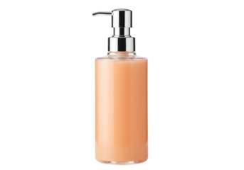 Isolated dispenser bottle filled with orange liquid soap on a seamless surface ready for use