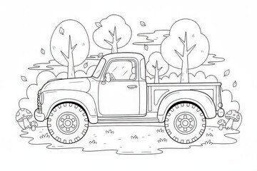Vintage Pickup Truck in a Whimsical Forest Scene with Mushrooms and Trees