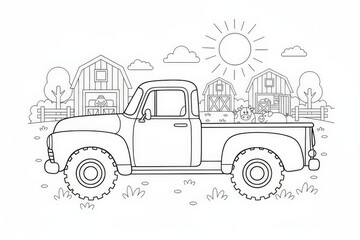 Line Art of a Vintage Farm Truck Loaded with Animals and Barns Under a Sunny Sky