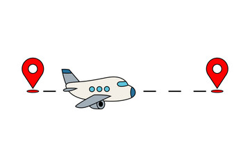 Travel and navigation. Airplane flying direct route between red mark on white background. For poster, banner or printed publication. Infographics.