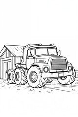 Outline Drawing of a Vintage Farm Truck Next to a Barn