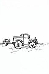 Hand drawn Illustration of a Vintage Pickup Truck with Large Tires Pulling a Trailer Full of Produce