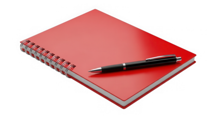 Red spiral notebook with pen isolated on transparent background