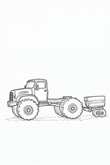 Line Art Drawing of a Truck with Large Tires and a Trailer
