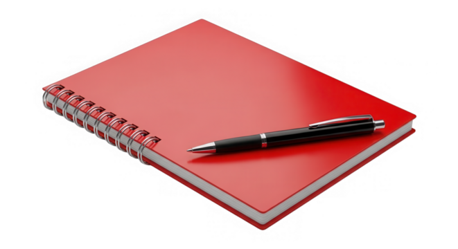 Red spiral notebook with pen isolated on transparent background