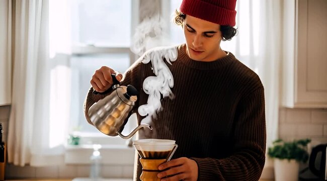 Man making pour-over coffee in a sunlit kitchen. Young barista pouring hot steaming water from a kettle. Cinemagraph of a morning routine