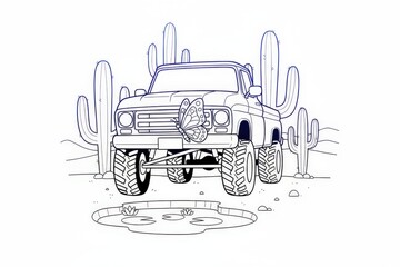 Stylized Line Drawing of a Lifted Pickup Truck with a Butterfly in a Desert Oasis Setting