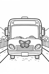 Black and White Line Drawing of a School Bus with a Butterfly on the Hood