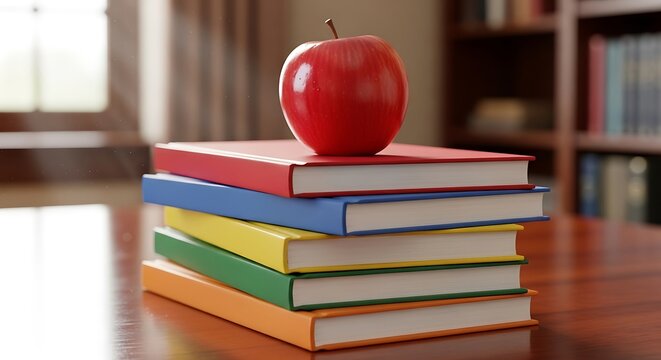 Stack of Books with Red Apple on Top.