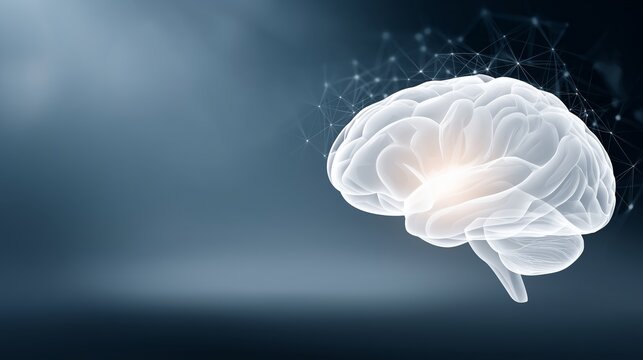 Transparent brain illustration with glowing neural connections, set against a dark background, symbolizing cognitive function and advanced technology in neuroscience and artificial intelligence