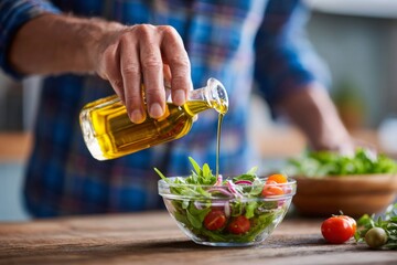 Man pours yellow oil from a clear bottle onto a fresh glass bowl of green salad with tomatoes and onions.