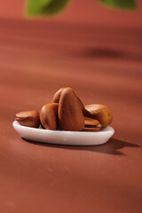 Hand-peeled pine nuts in white dish on red background - healthy snack food photography