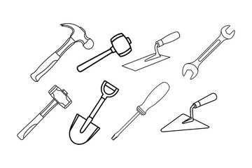 Line art illustration featuring a collection of construction tools including hammers, trowels, a shovel, a mallet, a wrench, and a screwdriver.
