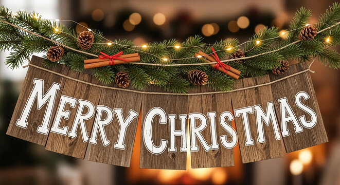 Rustic merry christmas banner with pine cones and cinnamon sticks hanging in front of fireplace