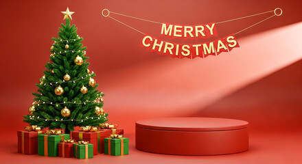 Christmas tree and gifts with merry christmas banner on a red stage for holiday promotions