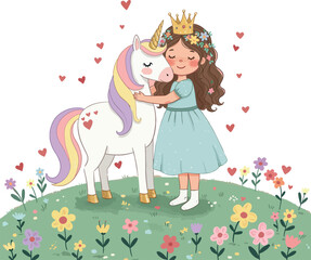 Fototapeta premium Princess hugs unicorn in a meadow with flowers