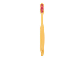 Isolated wooden toothbrush with pink bristles for dental care and personal hygiene use