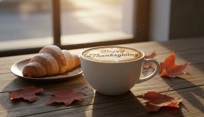 Thanksgiving greeting written in coffee foam art beside croissant and autumn leaves on café table