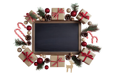 Festive Christmas Chalkboard Frame Surrounded by Gifts and Decorations for Holiday Greetings and Messages.