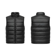 Black puffer vest mockup, front and back view, sleeveless jacket. Isolated on white background, png 