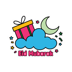 Pink gift box with yellow lid and green stripes floating near a blue cloud and a light green crescent moon surrounded by colorful stars and confetti text Eid Mubarak.