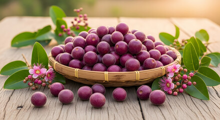Basket of Damson Plums on Wooden Table with Flowers.