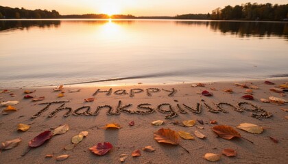 Thanksgiving written in sand near lakeshore with autumn leaves and golden sunset reflection on water
