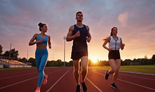 Three athletes running on a track during a vibrant sunset training session