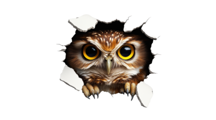 Owl Peeking Through Torn Paper on Transparent Background