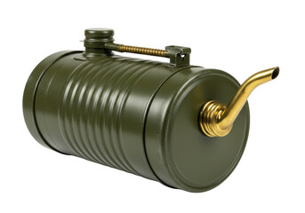 Isolated olive-green metal fuel canister with spout, for liquid fuels or flammable liquids