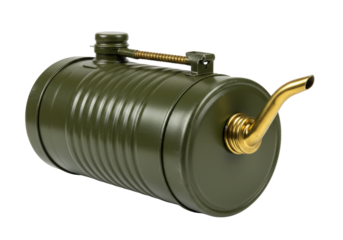 Isolated olive-green metal fuel canister with spout, for liquid fuels or flammable liquids