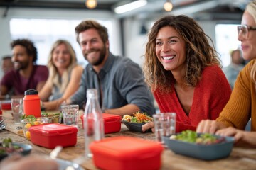 A happy group of young adults enjoys a healthy lunch together around a rustic wooden table indoors.