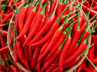 Fresh Red Sichuan Chaotian Chili Peppers in Baskets at Farmers Market