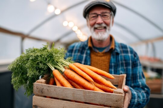 Smiling older farmer wearing a cap holds a wooden crate full of freshly harvested bright orange carrots inside a structure.