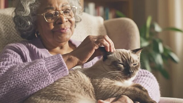 Elderly woman wearing glasses and purple sweater gently pets relaxed Siamese cat on lap sitting comfortably in cozy armchair with soft natural light creating warm peaceful pet moment