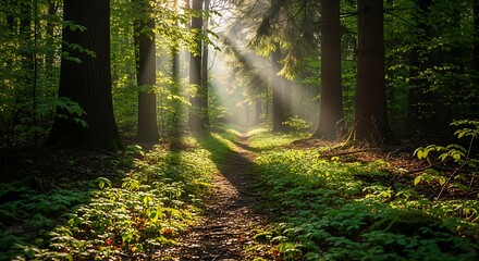Obraz premium Sunlight Rays Through Forest Trees Path.
