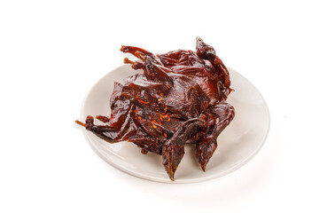 Spicy Marinated Smoked Quail on White Plate - Gourmet Poultry Dish