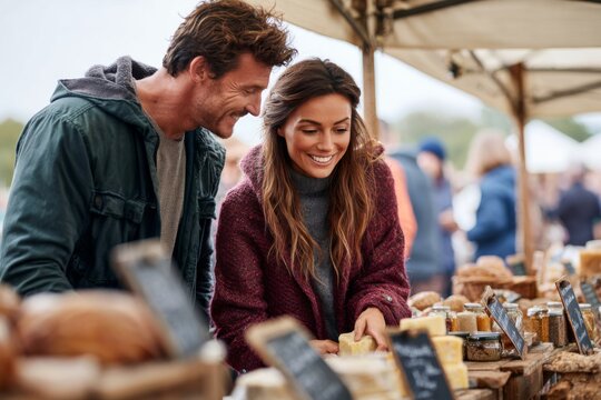 Happy couple examines artisan cheese and preserved foods selection while shopping at an outdoor farmers market stall. - Powered by Adobe