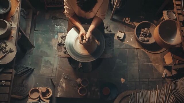 The creative process of pottery, where hands create unique shapes from clay, surrounded by tools and finished products, will provide a rich backdrop for presentations of crafts and artistic master cla