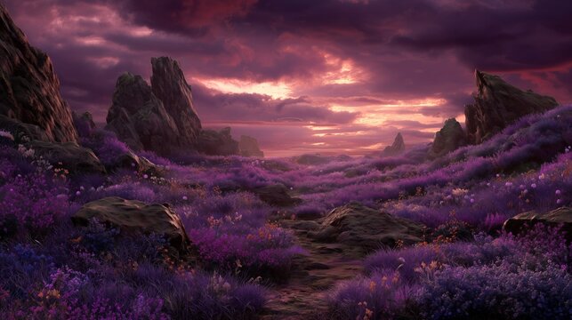 fantasy landscape with lavender sunset sky and colorful wild flowers