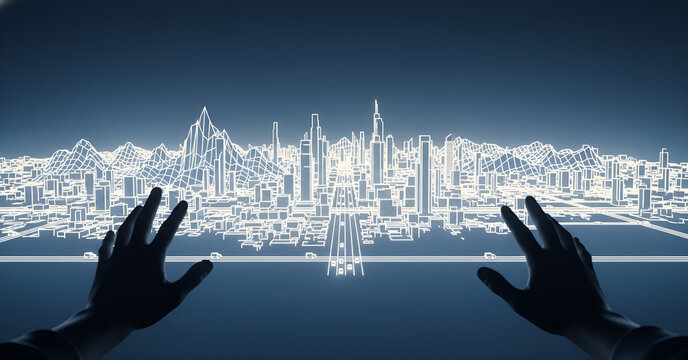 Hands interacting with glowing wireframe city skyline data projection.