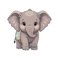 Naklejka premium Cute baby elephant with flowers in ears and decorated blanket