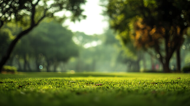 Lush green lawn with trees and soft light green grass park