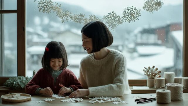 女性が子どもと窓辺をクリスマス飾りに整える
