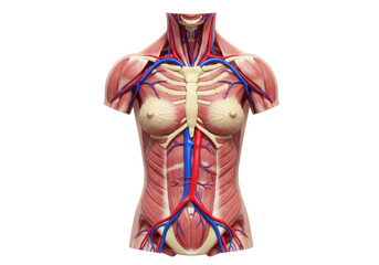 Isolated human female upper torso with muscle structure and vascular system on display