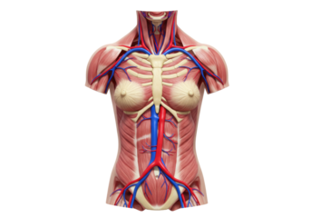 Isolated human female upper torso with muscle structure and vascular system on display