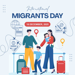 International Migrants Day 2025 illustration depicting a family with luggage at an airport, symbolizing travel and migration.