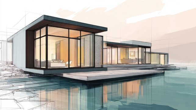 Modern luxury residential architecture concept illustrating a contemporary waterfront home design with minimalist aesthetics, structural lines, large windows, and serene water reflections
