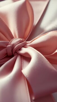 Vertical video: On start camera panning across pink satin ribbon bow on white table showing texture