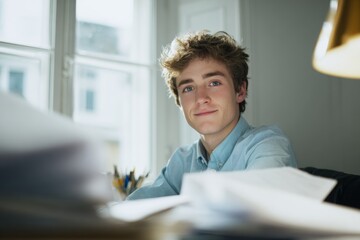 Thriving in the financial realm: a glimpse of assurance. Modern style. Sunlit confidence: young analyst at work with a touch of natural light. Minimal design. Clean layout.